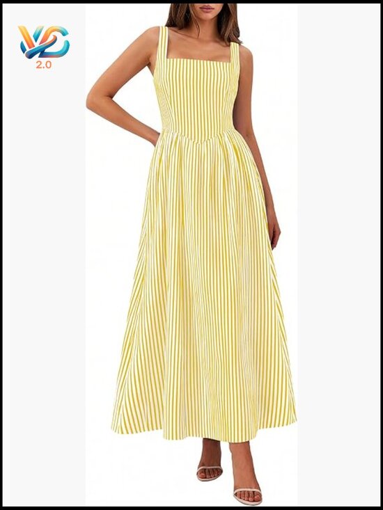 Dresses & Skirts - Women's Striped Maxi Dress Fit & Flare Square Neck Sleeveless Summer Sundress